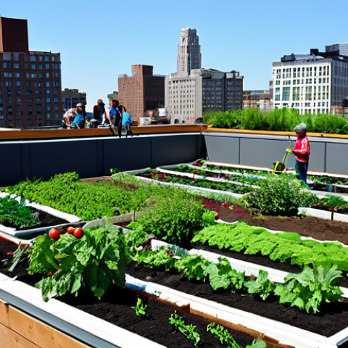 Home 11 A vibrant community garden scene on an urban rooftop, bustling with a diverse group of people of all ages – adults, children, and elderly individuals – happily engaged in gardening activities. Everyone is fully clothed in modest, appropriate attire suitable for outdoor work. Lush green plants, fresh vegetables like tomatoes and leafy greens, and colorful flowers are abundant. In the background, a modern city skyline rises under clear skies. The atmosphere is family-friendly and collaborative, showing people interacting, harvesting, and teaching. This is a professional photography shot with natural lighting, high resolution, perfect anatomy, correct proportions, natural pose, well-formed hands, proper finger count, and natural body proportions. safe for work, appropriate content, fully clothed, modest.