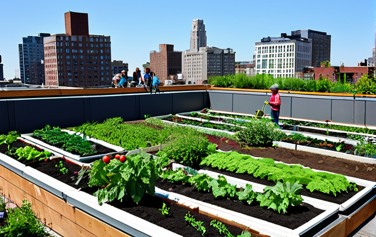 A vibrant community garden scene on an urban rooftop, bustling with a diverse group of people of all ages – adults, children, and elderly individuals – happily engaged in gardening activities. Everyone is fully clothed in modest, appropriate attire suitable for outdoor work. Lush green plants, fresh vegetables like tomatoes and leafy greens, and colorful flowers are abundant. In the background, a modern city skyline rises under clear skies. The atmosphere is family-friendly and collaborative, showing people interacting, harvesting, and teaching. This is a professional photography shot with natural lighting, high resolution, perfect anatomy, correct proportions, natural pose, well-formed hands, proper finger count, and natural body proportions. safe for work, appropriate content, fully clothed, modest.