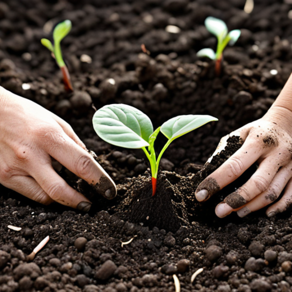도시농업 물 절약 방법 - Healthy Soil**

"Close-up of rich, dark soil with visible organic matter, fully clothed hands planti...