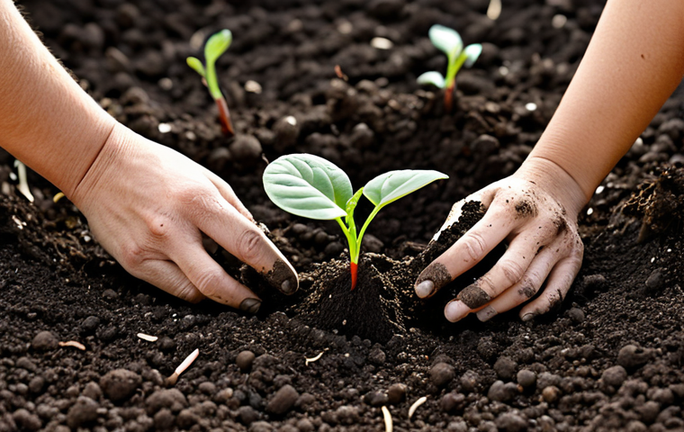 도시농업 물 절약 방법 - Healthy Soil**

"Close-up of rich, dark soil with visible organic matter, fully clothed hands planti...