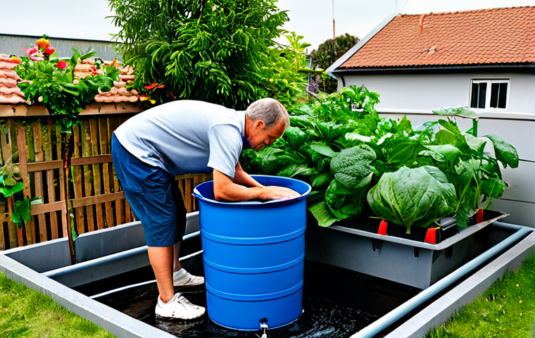 도시농업 물 절약 방법 - Efficient Watering**

"Urban garden scene with a fully clothed gardener using a drip irrigation syst...