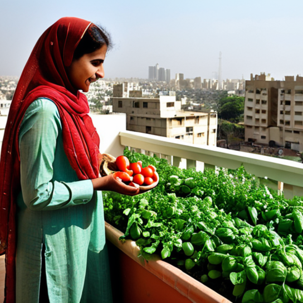 도시농업 글로벌 동향 - Balcony Garden in Karachi**

A Pakistani woman in a shalwar kameez tends to a vibrant balcony garden...