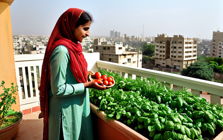 도시농업 글로벌 동향 - Balcony Garden in Karachi**

A Pakistani woman in a shalwar kameez tends to a vibrant balcony garden...