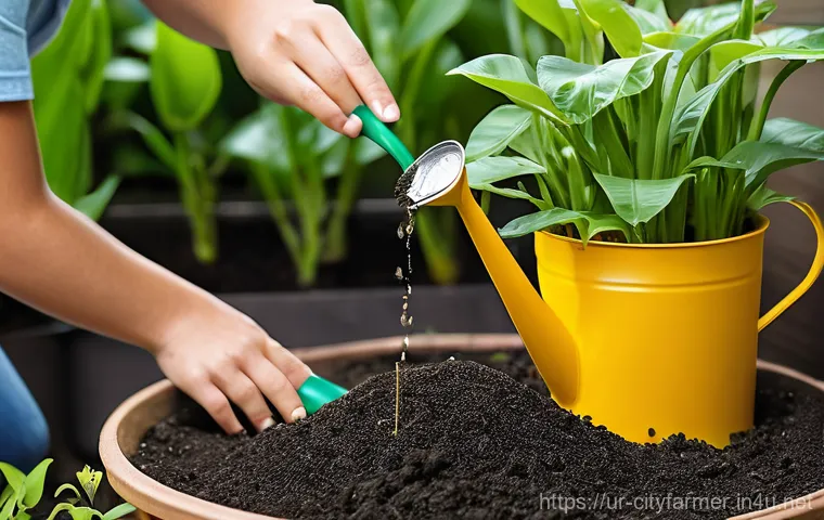 도시농업에서 사용하는 비료 종류 - **Prompt 2: Attentive Plant Care and Understanding Needs**
    "A thoughtful gardener, wearing a mod...