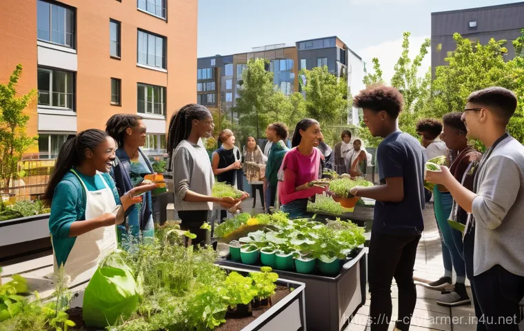 도시농업 커뮤니티 참여 방법 - **Urban Gardening Community Gathering:** A vibrant outdoor scene capturing a diverse group of people...
