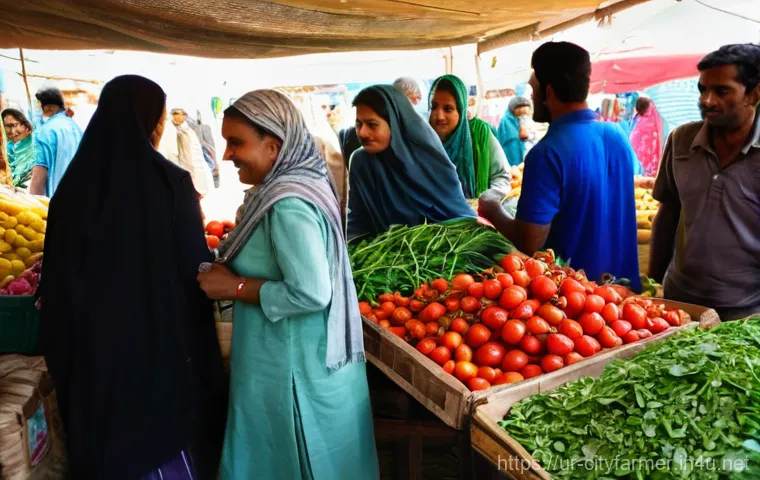 도시농업 재사용 가능한 포장재 - **Prompt:** "A vibrant, bustling outdoor farmers' market in a Pakistani city. Shoppers of diverse ag...