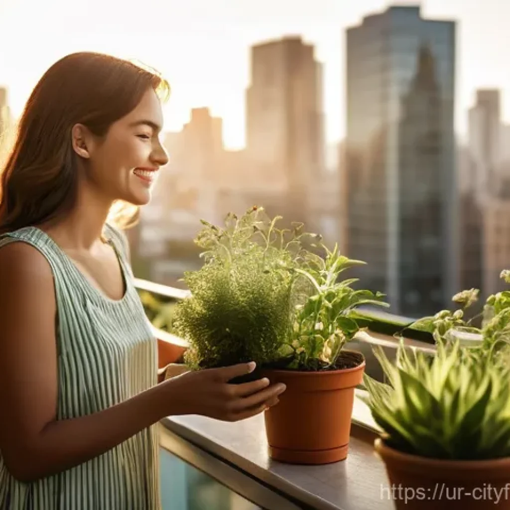 도시농업 환경적 이점 - **Prompt:** A serene and vibrant urban balcony garden in a bustling city. A young woman, modestly dr...
