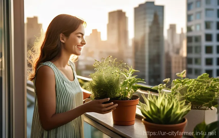 도시농업 환경적 이점 - **Prompt:** A serene and vibrant urban balcony garden in a bustling city. A young woman, modestly dr...