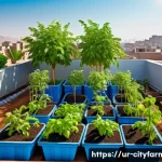 Home 22 도시농업 관리법 - Urban rooftop garden scene in a Pakistani city, featuring a sunlit terrace with tomato and green chi...