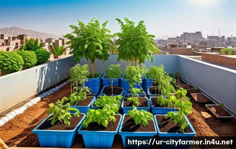 도시농업 관리법 - Urban rooftop garden scene in a Pakistani city, featuring a sunlit terrace with tomato and green chi...