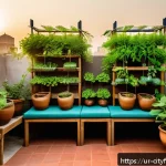 Home 21 도시농업 텃밭을 위한 공간 디자인 - A cozy rooftop garden in an urban Pakistani setting during golden hour, showcasing vertical gardenin...