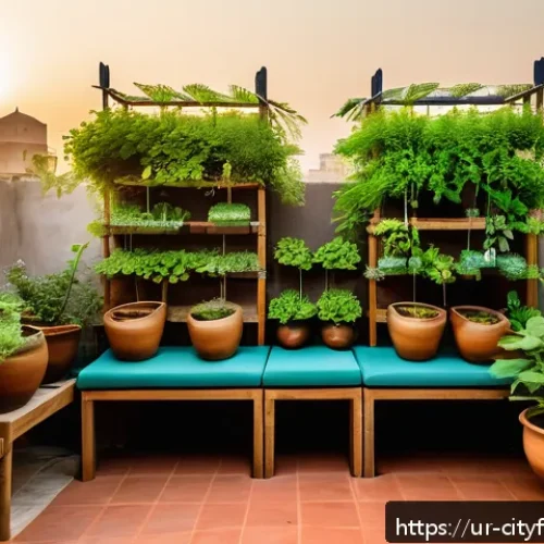 Home 33 도시농업 텃밭을 위한 공간 디자인 - A cozy rooftop garden in an urban Pakistani setting during golden hour, showcasing vertical gardenin...