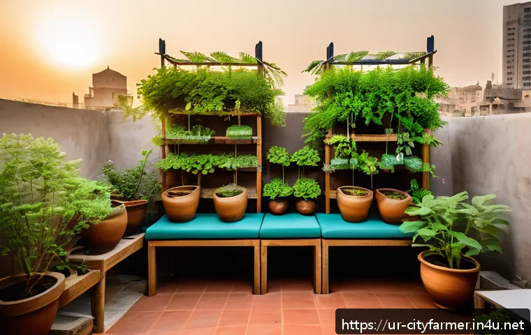 도시농업 텃밭을 위한 공간 디자인 - A cozy rooftop garden in an urban Pakistani setting during golden hour, showcasing vertical gardenin...