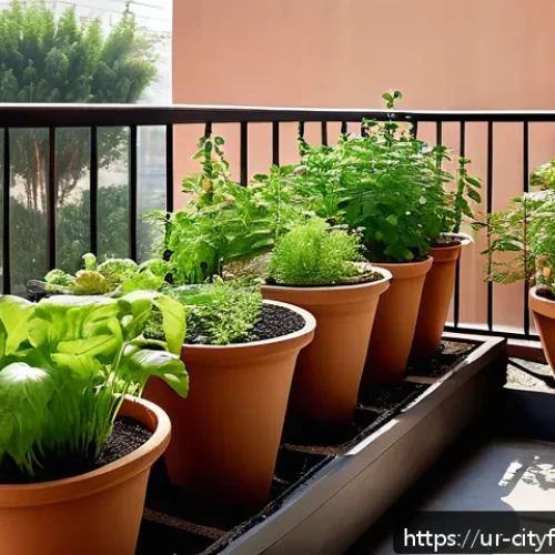 Home 32 도시농업 음식물 쓰레기 처리 - A serene urban balcony garden scene in a modern Pakistani apartment, featuring a wooden compost box ...