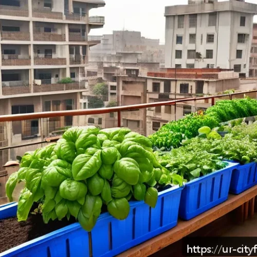 Home 31 도시농업 관련 도서 추천 - A vibrant urban balcony garden scene in a bustling Pakistani city, showcasing a variety of healthy v...