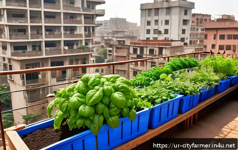 도시농업 관련 도서 추천 - A vibrant urban balcony garden scene in a bustling Pakistani city, showcasing a variety of healthy v...