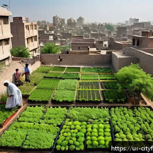 Home 30 도시농업 도시 복원력 - A vibrant urban neighborhood scene in a Pakistani city showing lush green community gardens and smal...
