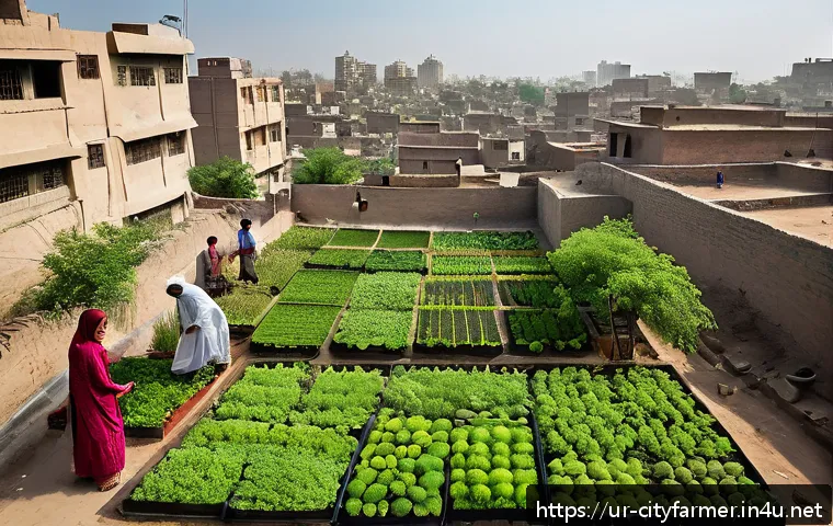도시농업 도시 복원력 - A vibrant urban neighborhood scene in a Pakistani city showing lush green community gardens and smal...