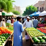 Home 23 도시농업 유기농 제품의 판매 전략 - A vibrant urban farmer’s market scene in Karachi, Pakistan, featuring local farmers showcasing fresh...