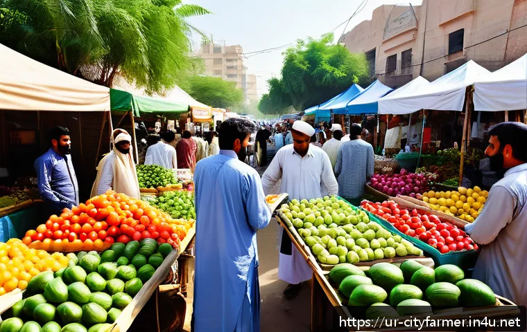 도시농업 유기농 제품의 판매 전략 - A vibrant urban farmer’s market scene in Karachi, Pakistan, featuring local farmers showcasing fresh...