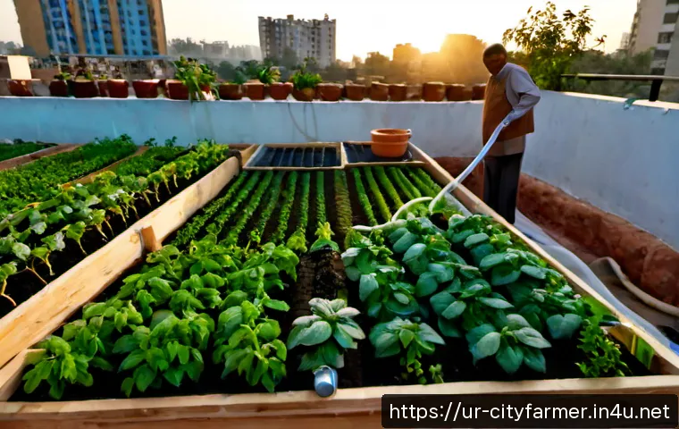 도시농업 텃밭 인프라 구축법 - Photorealistic rooftop urban kitchen garden in a Pakistani city, raised wooden planting beds, neat d...