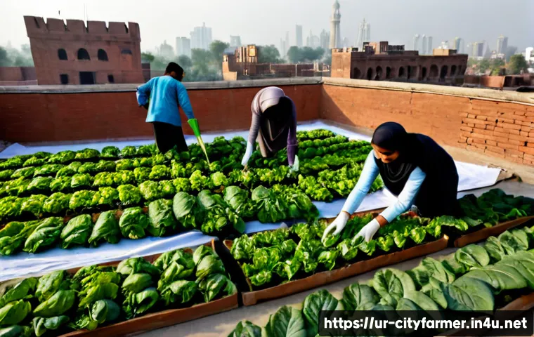 도시농업 자원 봉사 프로그램 - Photorealistic urban agriculture volunteer program in a Pakistani city, diverse Urdu-speaking adults...