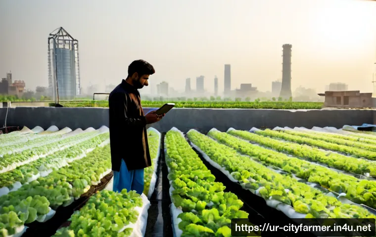도시농업 스마트 팜 기술 - Photorealistic rooftop smart farm in Lahore, Pakistan, neat rows of hydroponic leafy greens growing ...